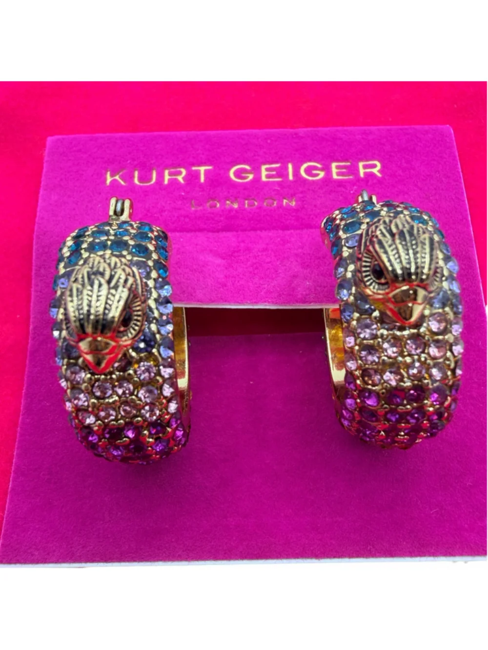 Kurt Geiger London Eagle Hoop Earrings Multicolor Crystal Gold Tone NWT